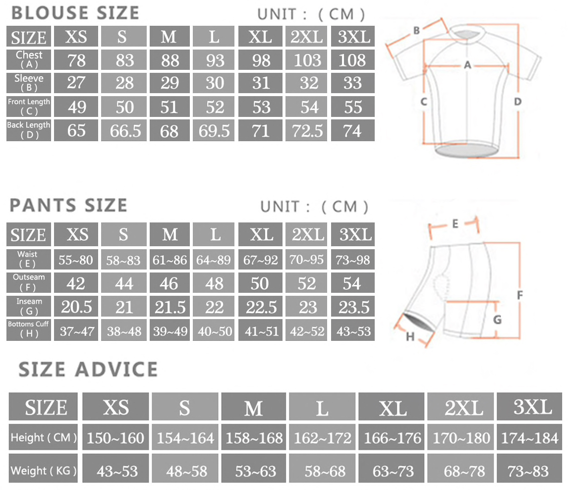 Women's Cycling Jersey Set - Sizing Chart @ The Big Sports